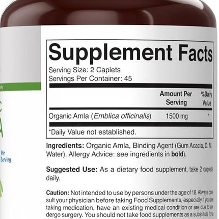 Brieofood Organic Amla 1500mg, 45 Servings, Vegetarian, Gluten Free, 90 Vegetarian Tablets