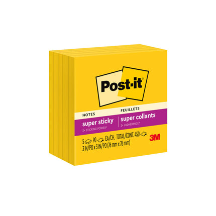 Post-it Super Sticky Notes, 3x3 in, 5 Pads, 2X The
