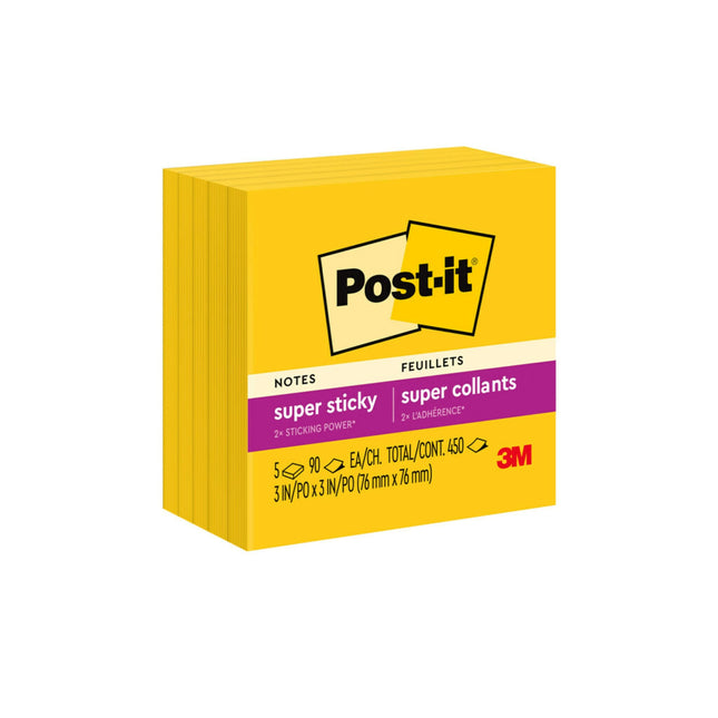 Post-it Super Sticky Notes, 3x3 in, 5 Pads, 2X The