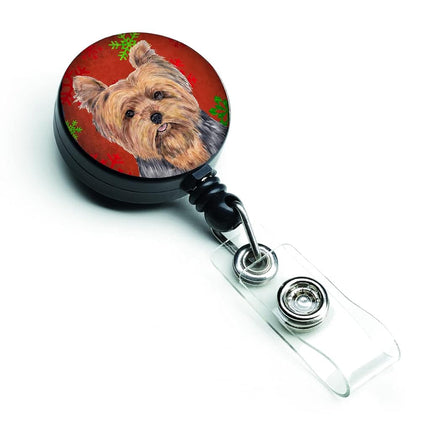 Caroline's Treasures Yorkie Red & Green Snowflakes Christmas Retractable Badge Reel, Multicolor (SC9428BR)