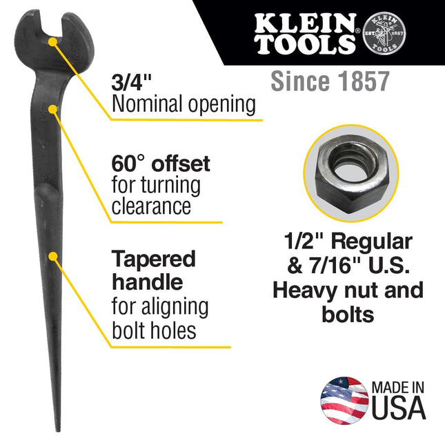 Klein Tools 3219 Spud Wrench, 3/4-Inch Nominal Opening, 1/2-Inch Bolt for U.S. Regular Nut, Black