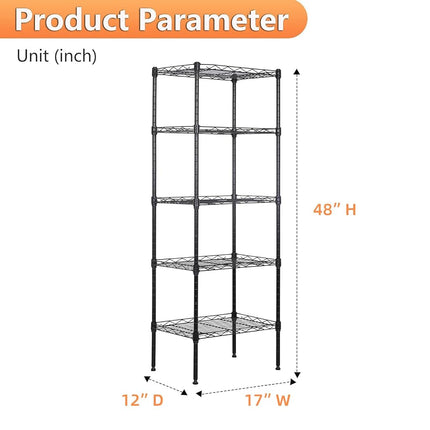 BestOffice | 5-Tier Wire Storage Shelves | 17x12x48 | Black | with Adjustable Racks | Heavy-Duty Metal Shelf, Holds Upto 750 lbs | No-Tool Assembly | Ideal for Home & Garage Shelving