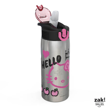 Zak Designs Sanrio Botella de agua para viajes y el hogar, 560 ml, acero inoxidable con aislamiento al vacío con tapa de boquilla de bloqueo, asa de transporte integrada, diseño a prueba de fugas (Hello Kitty)