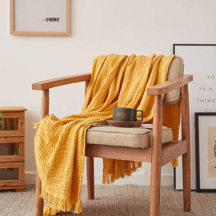 Simple&Opulence Plaid en mousseline de coton pour lit, canapé, couverture tissée en gaze avec pompons, douce, légère, confortable, prélavée, respirante, décoration de ferme pour toutes les saisons (jaune)