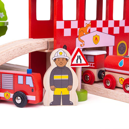 Bigjigs Rail Wooden Fire Station Train Set - 39 Play Pieces
