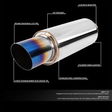 DNA MOTORING EXA-MF-002-T1 4" OD Stainless Steel Straight Through Exhaust Muffler Universal, 3" Outlet, 2.25" Inlet