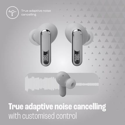 JBL Live Beam 3 - Auriculares intrauditivos de botón cerrados con cancelación de ruido, 48 horas de reproducción total, carga inalámbrica, 6 micrófonos para llamadas perfectas, conexión multipunto, resistencia IP55 al agua y al polvo