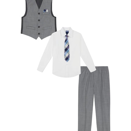 Nautica Boys' 4-Piece Formal Suit Set with Vest, Pants, Collared Dress Shirt, and Tie, Light Grey Deco Sharkskin, 3T