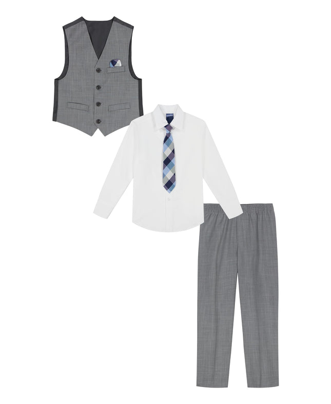 Traje formal de 4 piezas para niño Nautica con chaleco, pantalón, camisa de vestir con cuello y corbata, gris claro Deco Sharkskin, 14