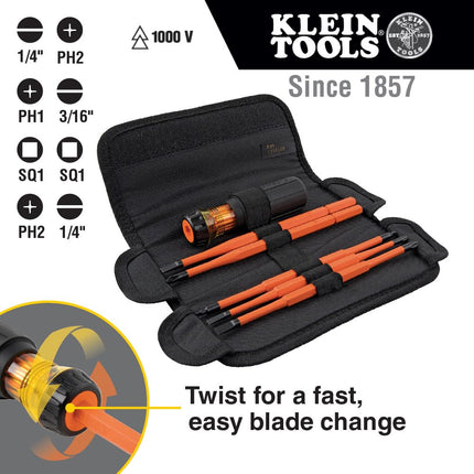 Klein Tools 32288 Insulated Screwdriver, 8-in-1 Screwdriver Set with Interchangeable Blades, 3 Phillips, 3 Slotted and 2 Square Tips, Black/Orange