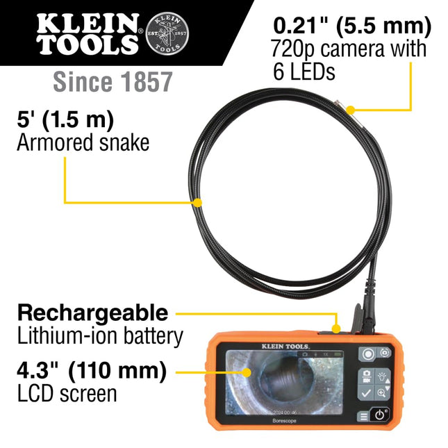 Klein Tools ET18 Plumbing Borescope with 5.5 mm 4.9-Foot Armored Waterproof Gooseneck Snake, LEDs, 4.3-Inch LCD, Endoscope Inspection Camera
