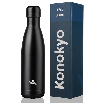 Konokyo Insulated Water Bottles,17oz Double Wall Stainless Steel Vacumm Metal Flask for Sports Travel,Midnight Black