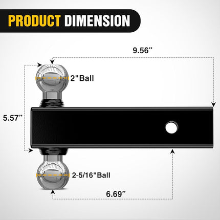 Nilight Multi-Ball Trailer Hitch Ball Mount, 2 & 2-5/16 Inch Balls, Dual Ball Mount fits 2-1/2-Inch Hitch Receiver, Chrome Plating