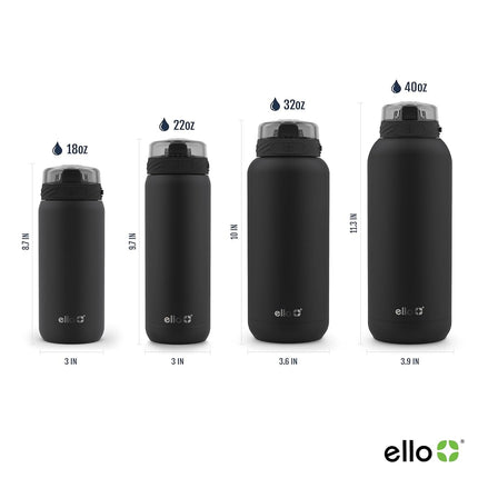 Ello Cooper Vacuum Insulated Stainless Steel Water Bottle with Anti-Microbial Silicone Straw, 22 oz, Black