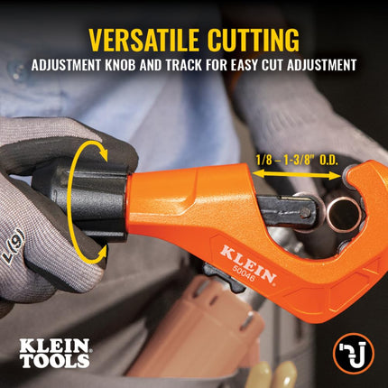 Klein Tools 50046 Constant Swing Tubing Cutter for Copper and Aluminum, 1/8 to 1 3/8-Inch O.D. with Deburring Tool and Replacement Blade