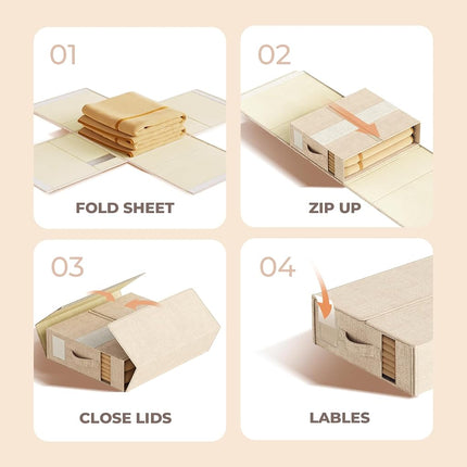 4 Pack Sheet Storage Organizer (King & Queen Size) with handle, Foldable Sheet Set Organizer for Linen Closet, Sheet Organizer for Blanket, Coverlet and Towel, Beige
