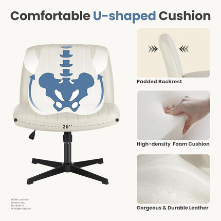 DUMOS Desk Chair No Wheels, Criss Cross Chair Wide Cross Legged Office Desk Vanity Chair, PU Leather Armless Adjustable Swivel Chairs for Home Computer Task Beige