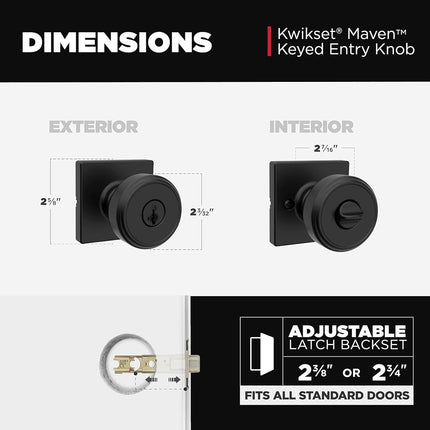 Kwikset Maven Entry Door Knob with Lock and Key, Secure Keyed Handle Exterior, Square Front Entrance and Bedroom, Matte Black, Pick Resistant SmartKey Rekey Security and Microban