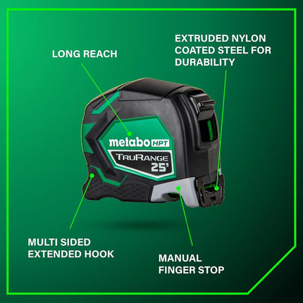 Metabo HPT Measuring Tape, 25' TruRange, Long Reach 17-ft, High Visibility Green Blade, 1/8" Incremental Fractions, Durable Extruded Nylon Coated Steel, Lightweight Design, 115925M