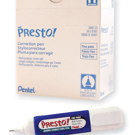 Pentel Presto! Jumbo Correction Pen, Fine Point, Metal Tip, Box of 12 (ZL31-W)
