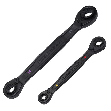 Klein Tools 68216M 4-in-1 Ratcheting Wrench Set, 2-Piece, Eight Metric Hex Sizes, 8mm x 10mm, 12mm x 13mm, 14mm x 15mm, and 17mm x 19mm Box Wrench Set, 90-Tooth Ratchet, Pass-Through Design