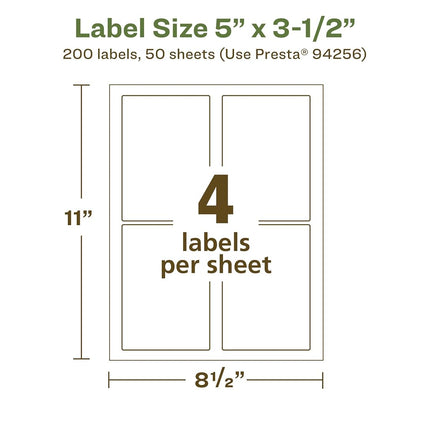 Etiquetas rectangulares recicladas Avery EcoFriendly de papel blanco mate, 5" x 3.5", Etiquetas blancas mate, Adhesivo permanente, Imprimibles con láser/inyección de tinta, 200 en total