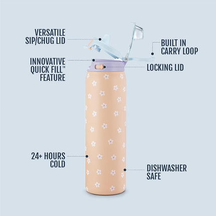 Ello Pop & Fill 32oz Stainless Steel Water Bottle with Quick Fill Technology, Double Walled and Vacuum Insulated Metal, Leak Proof Locking Lid, Sip and Chug, Reusable, BPA Free, Gloss Daisies