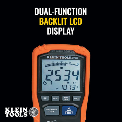 Megohmmeter, Insulation Resistance Tester Multimeter, 4000 Megohm Resistance, 125V/250V/500V/1000V Test Voltage, Klein Tools ET600