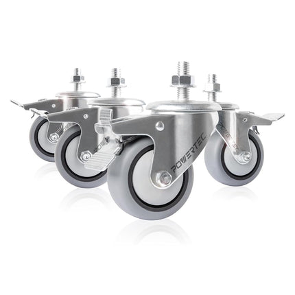 POWERTEC 17201V Roulette pivotante à tige filetée robuste de 3 pouces, capacité de charge totale de 272 kg, avec double frein, pour établis, chariots, diables et meubles, lot de 4, argent