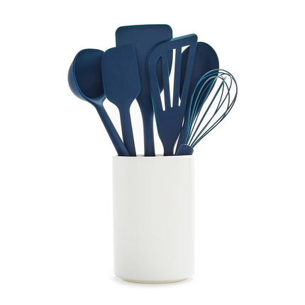 GreenPan Silicone 6 Piece Cooking Utensil Set & Holder, Spoon, Spatulas, Whisk, Ladle, Flexible Nonstick Kitchen Tools, Steel Core Heat-Resistant Anti-Slip Handle BPA-Free Dishwasher Safe, Oxford Blue