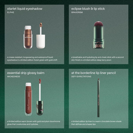 r.e.m. beauty by Ariana Grande Wicked: For Good | Elphaba Makeup Set | Waterpoof Eye Shadow, All Over Glow Stick, Creamy Lip Liner, Glossy Lip Balm | 4 Full Size Products