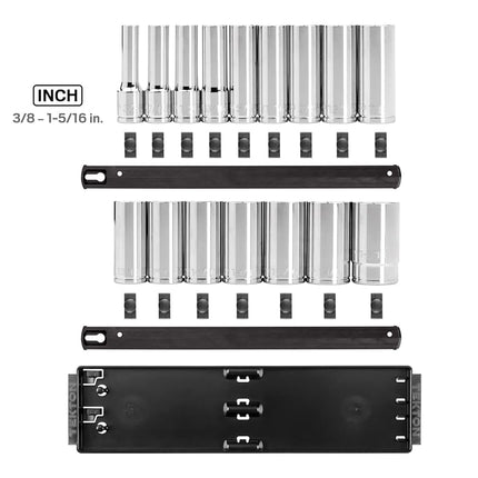 TEKTON 1/2 Inch Drive Deep 12-Point Socket Set with Rails and Tray, 16-Piece (3/8-1-5/16 in.) | SHD92119