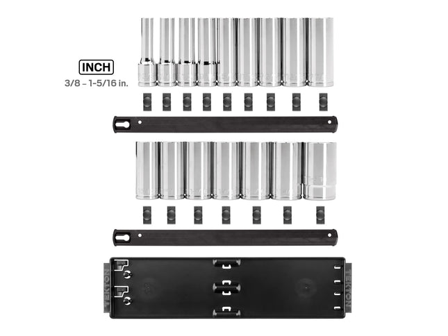 TEKTON 1/2 Inch Drive Deep 12-Point Socket Set with Rails and Tray, 16-Piece (3/8-1-5/16 in.) | SHD92119