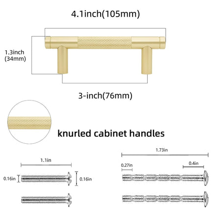 POVEFONK 10 Pack 3 inch(76mm) Brushed Brass Kitchen Cabinet Handles Knurled Cabinet Pulls Gold Drawer Pulls Kitchen Hardware