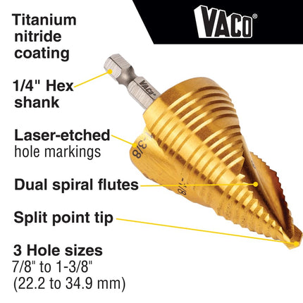 Klein Tools 25950 Step Drill Bit Set, Spiral Double Fluted, Titanium Nitride Coating, 1/4-Inch Impact Shank, Rugged Case, 4-Piece