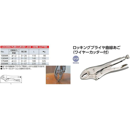 KYOTO TOOL (KTC) 250WR Locking Pliers Curved Chin (with Wire Cutter)