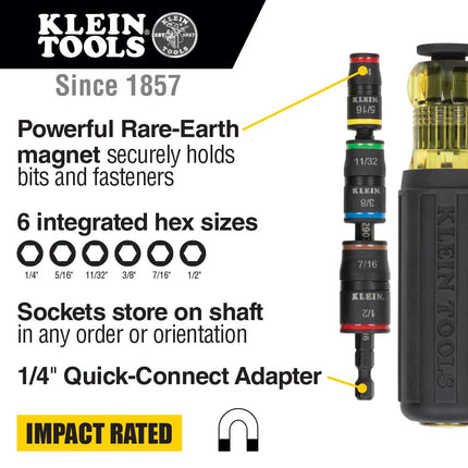 Klein Tools Impact Driver, 7-in-1 Impact Flip Socket Set with Handle, 6 Hex Driver Sizes Plus a 1/4-Inch Bit Holder 32900
