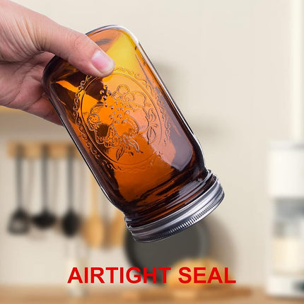 ElegantTime Amber Glass Mason Jars, 32 oz Wide Mouth with Airtight Lids and Bands - 6 Pack Large Glass Canning Jars, Great for Canning, Pickling, Fermenting, Jam Making