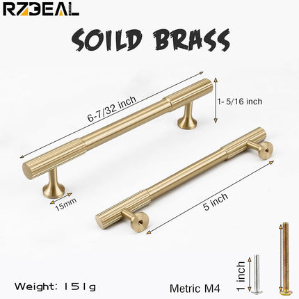 RZDEAL 4pcs Solid Brass Gold Cabinet Pulls, 5-Inch Hole Centers for Kitchen Cupboard Handles Modern Drawer Pulls Bathroom Brushed Brass Cabinet Pulls Wardrobe Door Handles