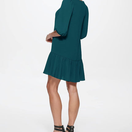 DKNY Womens Flowy 3/4 Sleeve Ruffle Hem Dress, Emerald Sea, 6