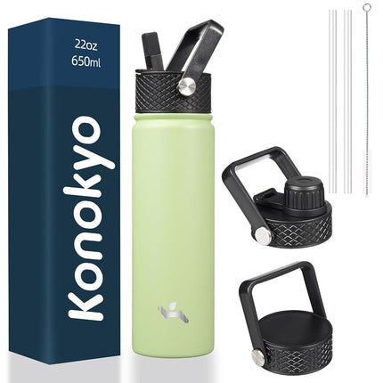 Konokyo Insulated Water Bottle with Straw,22oz 3 Lids Metal Bottles Stainless Steel Water Flask,Macaron Green