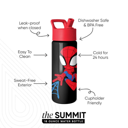 Botella de agua Simple Modern Spiderman para niños con tapa de pajita | Vaso reutilizable de acero inoxidable con aislamiento de Marvel, regalos para la escuela, niños pequeños | Colección Summit | 530 ml, Spidey Kid