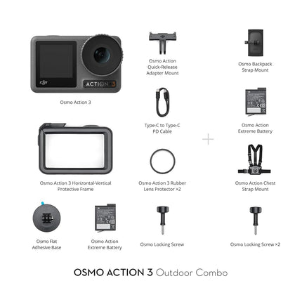 DJI Osmo Action 3 Outdoor Combo, 4K/120fps Action Camera with chest & Backpack Strap Mount for hiking and cycling, Super-Wide FOV, HorizonSteady, Cold Resistant & Up to 320 Mins with 2 Batteries