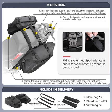 Rhinowalk Motorcycle Saddle Bags Waterproof Anti-Vibration Motor Side Bags Shoulder Bag Motorbike Panniers 28L(14L*2) for Most Adventure and Sport Bike Motorcycle Racks, 1 Pair