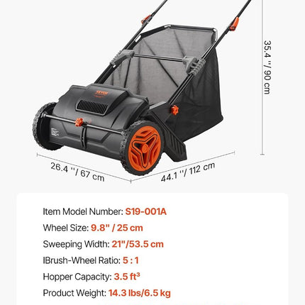 VEVOR Push Lawn Sweeper, 21inch Leaf & Grass Collector, Strong Plastic Wheels & Heavy Duty Thickened Steel Durable to Use with Large Capacity 3.5 cu. ft. Mesh Collection Hopper Bag, 2 Spinning Brushes