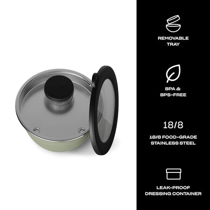 S'well Stainless Steel Salad Bowl Kit 64 Ounces Mountain Sage Comes with 2 Ounces Condiment Container and Removable Tray for Organization Leak-Proof, Easy to Clean, Dishwasher Safe