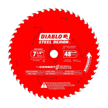Diablo D0748CF STEEL DEMON 7 1/4 inch 48 Teeth Metal and Stainless Steel cutting Saw Blade CERMET II Carbide Up to 5X Longer Life