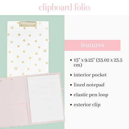 Kate Spade New York A4 Clipboard Folio with Low Profile Clip, Professional Padfolio Includes Lined Notepad, Pen Loop, and Pocket, Gold Dot with Script