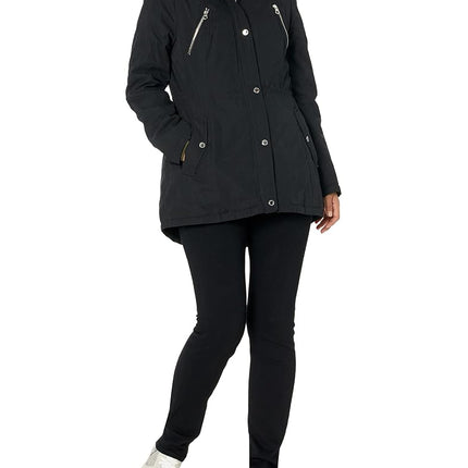 Nautica Women's Microfiber Parka Anorak Jacket With Faux Fur Hooded Trim, Black, S