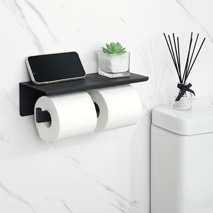 Alise Double Toilet Paper Holder,Bathroom Tissue Holder with Shelf,SUS304 Stainless Steel Toilet Paper Roll Holder Storage Dispenser,Self Adhesive or Wall Mount Drilling Paper Rack,Matte Black